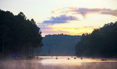 Fototapeta premium Morning in Pang Ung Lake,North of Thailand, is a tourist place where people come to vacation in the winter, soft and select focus
