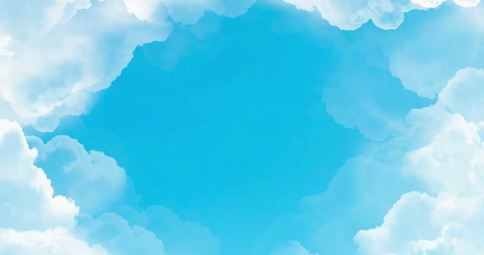 flight over white clouds under blue sky background, seamless loop ready animation