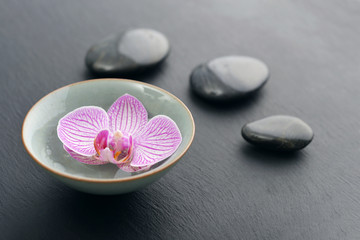 Obraz na płótnie Canvas Spa stones and pink orchid