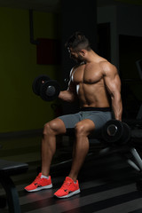 Fototapeta na wymiar Young Man With Dumbbell Exercising Biceps