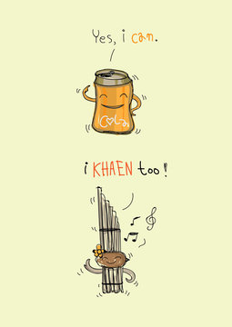 illustration of various tin can and Khaen