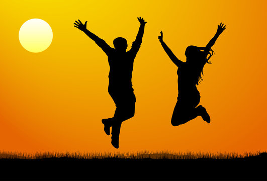Silhouette of a Man and woman in a jump at sunset. Vector illustration