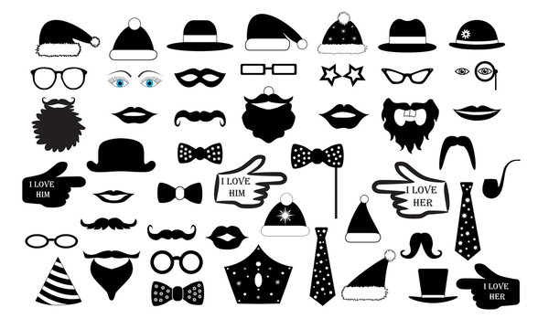 Set the party, the person's face fake. Glasses, hats, lips, mustaches, tie, monocle, icons. vector illustration