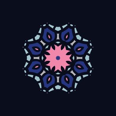 Large flower mandala on a dark blue background. Kaleidoscope big bud