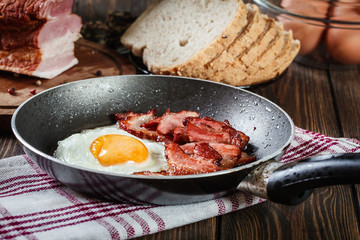 Slices of smoked bacon and fried egg in frying pan