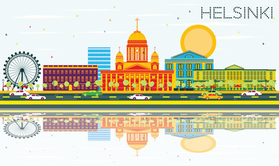 Obraz premium Helsinki Skyline with Color Buildings, Blue Sky and Reflections.