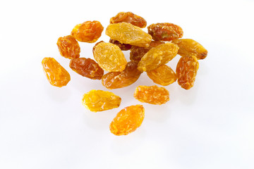 Yellow sultanas raisins isolated on white background