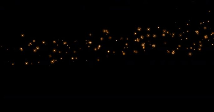 gold glow glittering stars tail transition effect on black background, holiday happy new year concept