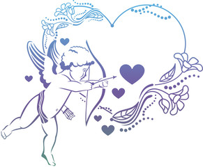 Cupid with bow hunting for hearts. Heart-shaped color gradient frame with Cupid, roses and hearts. Copy space. Raster clip art.
