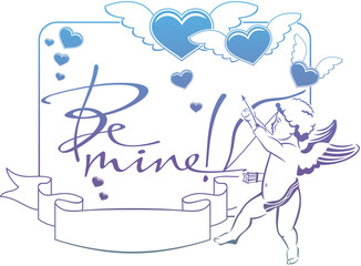 Cupid with bow hunting for hearts. Color gradient frame with Cupid, roses, hearts and artistic written text 