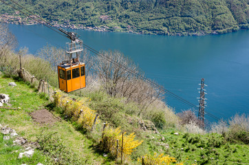 Lago di Como (Lake Como) scenic view with cable car between Argegno and Pigra
