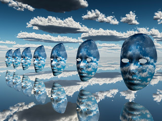 Multiple disembodied faces hover in surreal scene