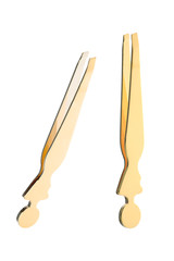 Two golden color cosmetic eyebrow tweezers with female body shape design, beauty products isolated on white background, clipping path included
