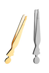 Golden and silvery color cosmetic eyebrow tweezers with female body shape design, beauty products isolated on white background, clipping path included