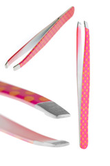 Pink cosmetic eyebrow tweezers with yellow dots design, beauty product isolated on white background