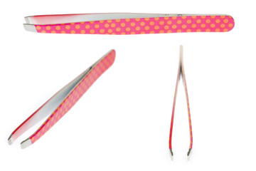 Pink cosmetic eyebrow tweezers with yellow dots design, beauty products isolated on white background, clipping path included