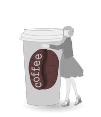 girl hugging a cup of coffee. vector illustration.