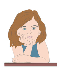 child sits leaning on hand. vector illustration.
