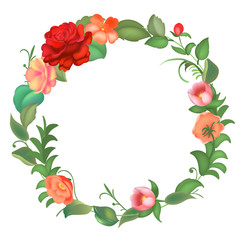 Postcard with a round frame of flowers. Vector illustration