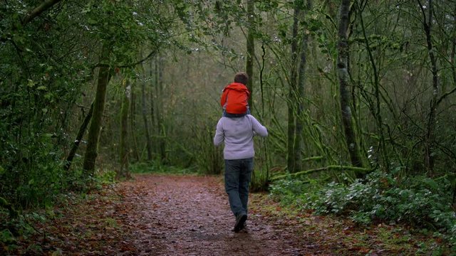 Little boy riding on his father's shoulders in a forest, slow motion
