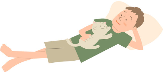 男性　猫と男性　リラックス