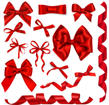 Vector set of decorative red bows and ribbons for holiday decorations isolated on white