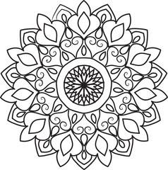 Drawing of a abstract vector with floral round lace mandala, decorative element in ethnic tribal style, black line art on a white background
