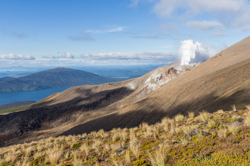 View of the Great Lake Taupo from Mt Tongariro with erupting craters Te Maari © anastasiaras
