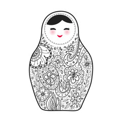 Russian doll matrioshka Babushka sketch smiling face with pink cheeks on white background. Vector