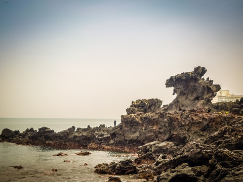 View of rocks nearby the famous tourist attraction in Jeju Islan