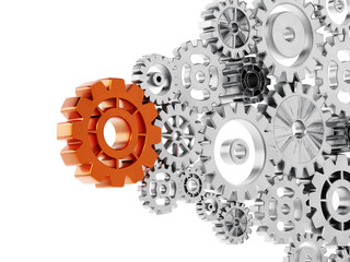 Fototapeta na wymiar Metal gears connected to big red wheel. 3D illustration