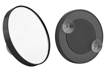 Black plastic round pocket mirror for make-up, with two suction cups on the back, beauty product isolated on white background
