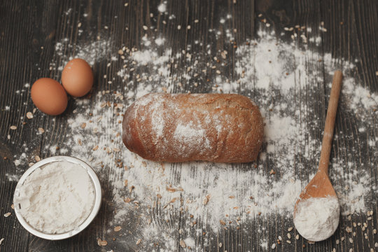 Concept of baking homemade bread. The ingredients and the as it is.