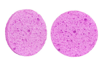 Obraz na płótnie Canvas Two purple round cosmetic sponge pads for face makeup cleaning, isolated on white background, clipping path included