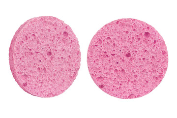 Two red round cosmetic sponge pads for face make-up cleaning, one frontal and one side view, isolated on white background, clipping path included