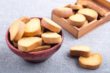 View close-up on slices of dried bread
