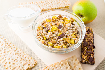 Top view of a muesli in glass bowl