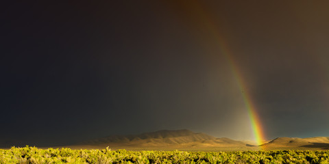 Desert storm with rainbow and dark skies in Nevada