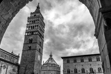 Beautiful black and white view of the historic center of Pistoia, Tuscany, Italy