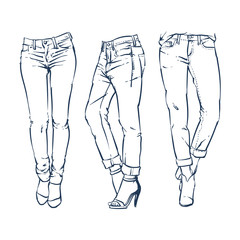 Hand drawn fashion design women's jeans outline, clip art