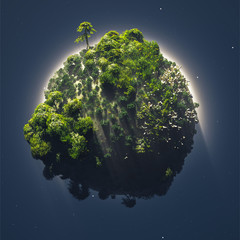 Small planet with vegetation surrounded by fog