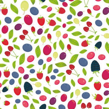 seamless pattern with Cherry Strawberry Raspberry Blackberry Blueberry Cranberry Cowberry Goji Grape isolated on white background. Vector