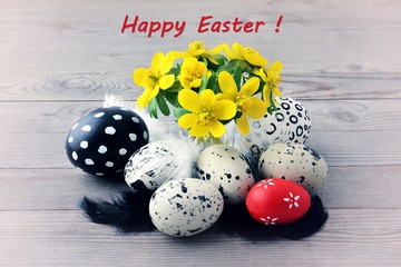 Easter eggs, feathers and flowers. 