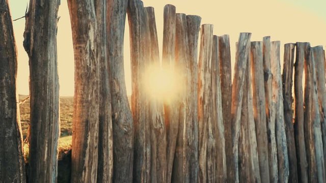 holzzaun aus gro&szlig;en baumst&auml;mmen, im hintergrund sonnenuntergang mit sunflare
