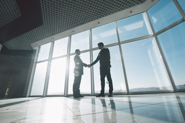 Two young businessmen are shaking hands with each other standing against panoramic windows. - obrazy, fototapety, plakaty