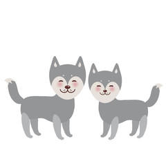 Kawaii funny gray husky dog, face with large eyes and pink cheeks, boy and girl isolated on white background. Vector