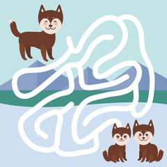 Kawaii funny brown husky dog, face with large eyes and pink cheeks, boy and girl, mountain landscape background.  labyrinth game for Preschool Children. Vector