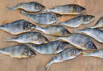 Many dried perch on a wooden background. River fish close up.