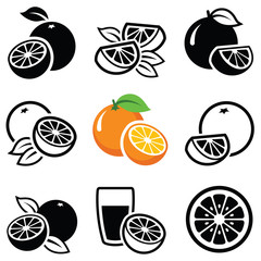 Orange fruit icon collection - vector outline and silhouette