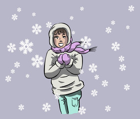 Vrouw loopt door de sneeuw